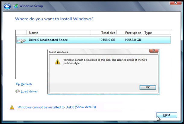 fix windows cannot be installed to this disk gpt